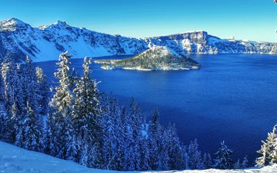 오리건, 크레이터 호수, 미국, 겨울, 산