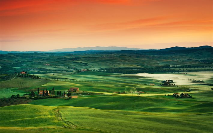 sunset, field, hills, tuscany, italy