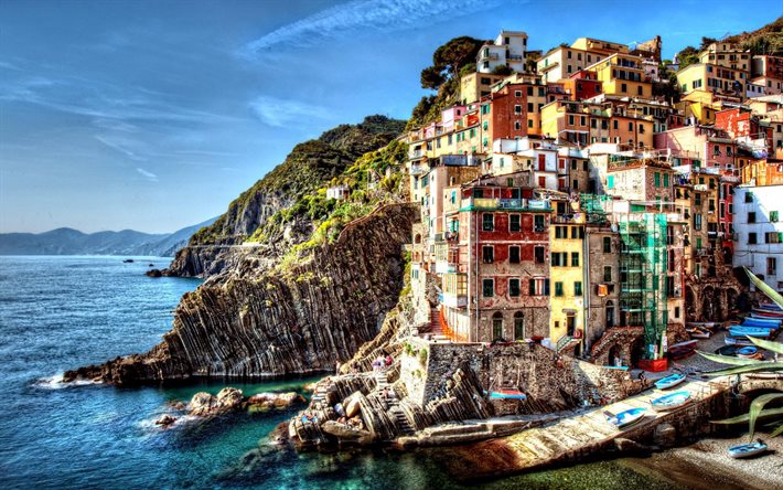 cinque terre, イタリア, 海, ロック, 町, hdr