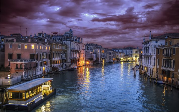 les bateaux, l'italie, le grand canal, en italie, à venise, la nuit, venise