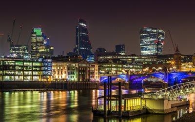 橋梁, 灯り, テムズ川, ロンドン, 夜, イギリス