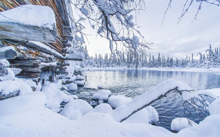 le lac, l'hiver, la neige, les dérives, la laponie, finlande