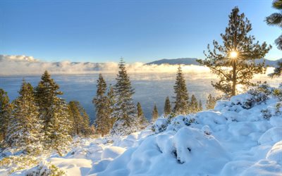 sierra nevada, usa, solnedgång, lake tahoe, vinter