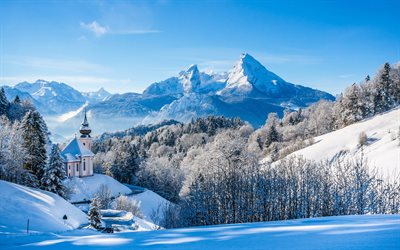 the church, snowy slopes, winter, mountains, alps