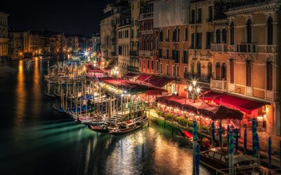 gôndola, veneza, canal, barcos, casa, noite, itália, as luzes