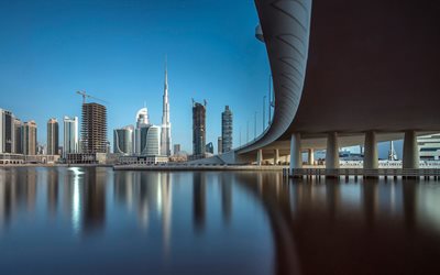 Downtown Dubai, 4K, bridge, reflections, Dubai, UAE, United Arab Emirates