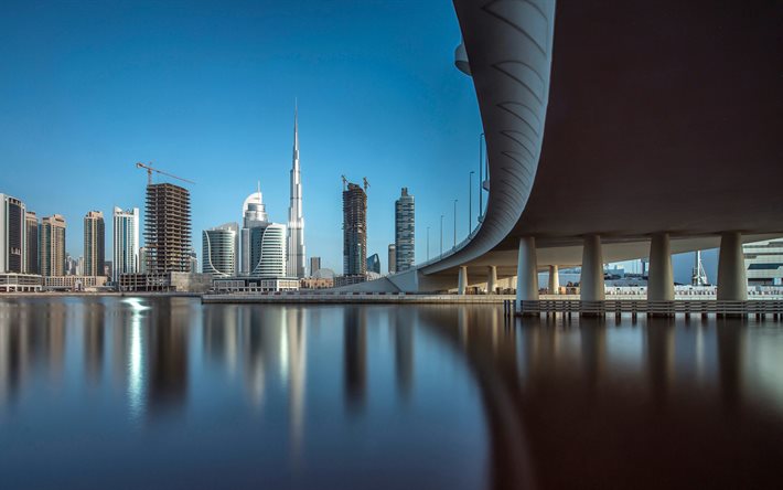 डाउनटाउन दुबई, 4K, पुल, प्रतिबिंब, दुबई, संयुक्त अरब अमीरात