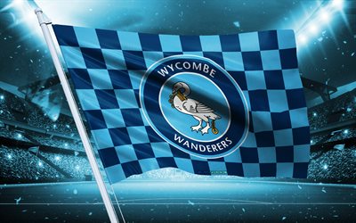 4k, logo del wycombe wanderers fc, società calcistica inglese, bandiera dello stadio, bandiera dei tifosi del wycombe wanderers fc, bandiera blu, stemma del wycombe wanderers fc, lega uno, inghilterra, calcio, wycombe wanderers fc