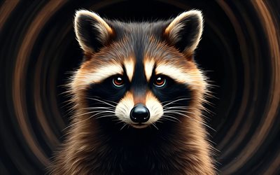 guaxinim pintado, 4k, fundo abstrato marrom preto, animais desenhados, obra de arte, arte do guaxinim, animais abstratos, guaxinim, animais de desenho animado, guaxinins