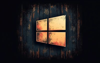Windows 10 retro logo, 4k, grunge wooden background, OS brands, Windows 10 abstract logo, retro art, creative, Windows 10 logo, Windows 10