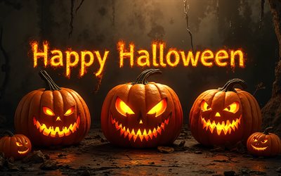 4k, feliz halloween, arte del fuego, calabazas aterradoras, oscuridad, víspera de todos los santos, calabazas, conceptos de halloween, inscripción feliz halloween, arte grunge, fondos de halloween