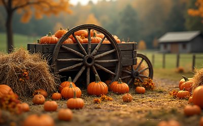 cosecha de calabaza, 4k, carro de madera con calabazas, víspera de todos los santos, calabazas, paisaje de otoño, cosecha de otoño, otoño