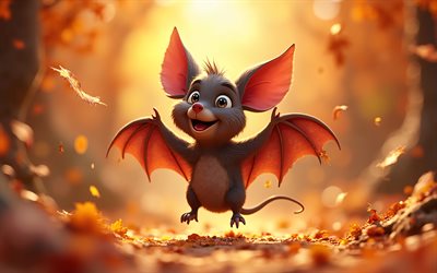 4k, morcego de desenho animado, outono, queda de folhas, pássaros animados em 3d, bokeh, pássaros felizes, morcego 3d, animais felizes, pássaros 3d, bastão, pássaros de desenhos animados, morcegos