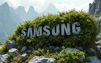 logotipo de samsung en 3d, 4k, paisaje de montaña, emblema de samsung, logotipo 3d de samsung, musgo verde, signo de samsung, logotipo de samsung, samsung, montañas