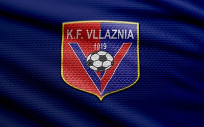 kf vllaznia ファブリックのロゴ, 4k, 青い布の背景, 優れたカテゴリ, ボケ味, サッカー, kf ヴラズニアのロゴ, フットボール, kf ヴラズニアのエンブレム, kf ヴラズニア, アルバニアのサッカークラブ, ヴラズニアfc