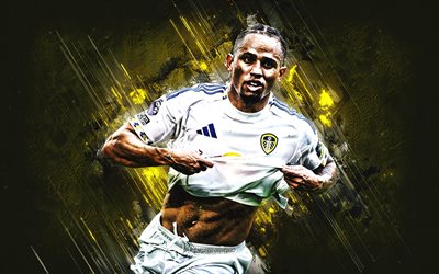 Noah Okafor, Leeds United FC, Swiss footballer, yellow stone background, grunge art, Leeds United, Premier League, England, football, Noah Okafor Leeds United