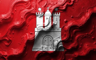 Hamburg flag, 4k, stone wave texture, Flag of Hamburg, 3d Hamburg flag, Germany, Hamburg state flag, flags of Germany states, Hamburg, State of Hamburg
