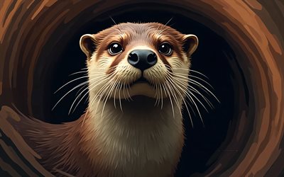 lontra pintada, 4k, fundo abstrato marrom preto, animais desenhados, obra de arte, arte lontra, animais abstratos, lontra, animais de desenho animado, lontras