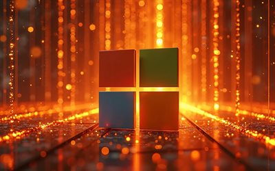 4k, microsoft 3d logo, kunstwerk, bokeh, orangefarbener matrixhintergrund, elektronikmarken, buntes microsoft logo, kreativ, microsoft logo, marken, microsoft