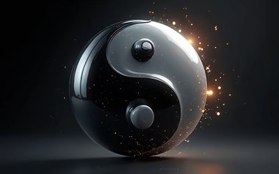 yin  und yang zeichen, 4k, 3d glänzendes yin  und yang zeichen, philosophie, yin und yang, schwarzer hintergrund, yin  und yang konzepte