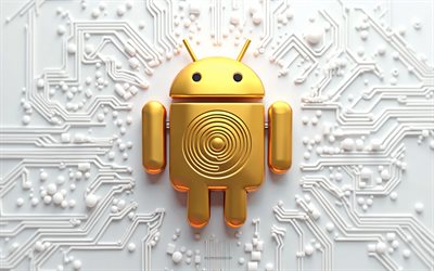 goldenes android logo, weißer technologiehintergrund, goldener android roboter, 3d android logo, android zeichen, android logo, android emblem, android