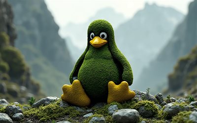 logotipo 3d de linux, 4k, paisaje de montaña, emblema de linux, logotipo del pingüino de linux, musgo verde, signo de linux, logotipo de linux, linux, montañas, pingüino de linux