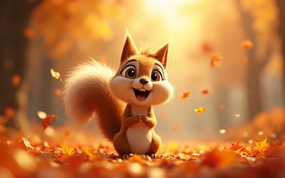 4k, ardilla de dibujos animados, otoño, caída de hojas, animales animados en 3d, bokeh, animales felices, ardilla 3d, animales 3d, ardilla, animales de dibujos animados, ardillas