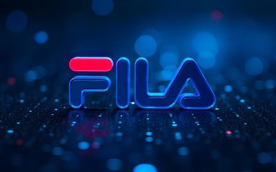 logotipo 3d de fila, 4k, oscuridad, fondo azul 3d, obra de arte, arte geométrico, logotipo de fila, marcas de moda, fila