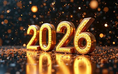 2026 Happy New Year, 4k, Shiny golden 2026 3d numbers, Happy New Year 2026, black background, golden sparkles, 2026 concepts, 2026 New Year