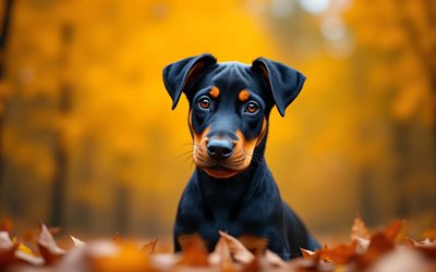Dobermann puppy, 4k, autumn, bokeh, forest, dogs, cute animals, puppies, pets, Thuringian pinscher, puppy in forest, Dobermann