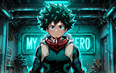 izuku midoriya, 4k, luzes de néon turquesa, academia do meu herói, noite, deku, protagonista, obra de arte, boku no hero academia, midoriya izuku, mangá, izuku midoriya my hero academia