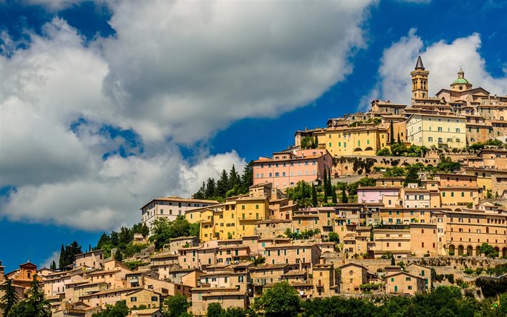 Umbria, houses, panorama, clouds, Trevi, Italy