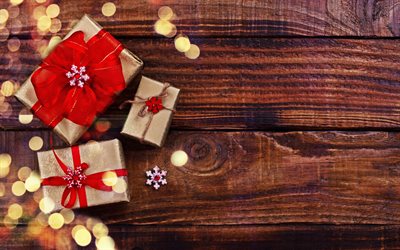 Bonne et heureuse Année, 4k, des cadeaux les boîtes, d'éblouissement, de bois backgroun, Joyeux Noël, Noël