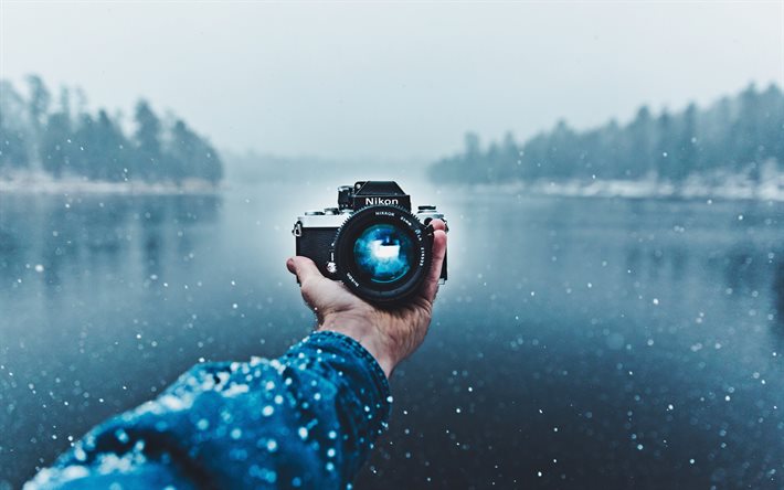 4k, الكاميرا في اليد, الشتاء, selfie, مصور, الكاميرا, بحيرة