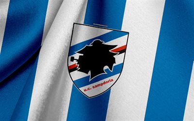 uc sampdoria, italienskt fotbollslag, blå vit flagga, emblem, tygstruktur, logotyp, italienska serie a, genua, italien, fotboll