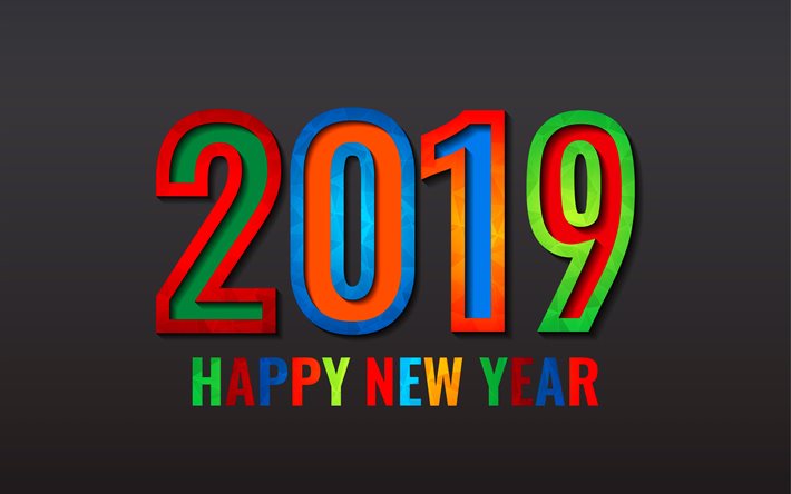 Felice Nuovo Anno 2019, sfondo grigio, mosaico cifre, poligoni arte, 2019 concetti, 3d cifre, 2019 anno, opere d'arte