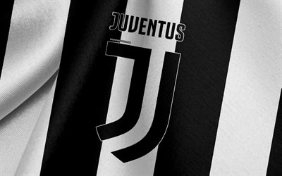 juventus fc, italienische fußball-team, schwarze und weiße flagge, emblem, stoff-textur, logo, italienische serie a, turin, italien, fußball
