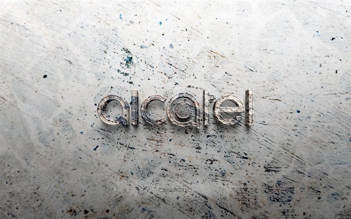 logo in pietra alcatel, 4k, sfondo di pietra, logo alcatel 3d, marche, creativo, il logo dell'alcatel, arte del grunge, alcatel