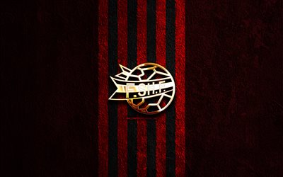 albaniens fotbollslandslags gyllene logotyp, 4k, röd sten bakgrund, uefa, landslag, albaniens fotbollslandslags logotyp, fotboll, albanska fotbollslaget, albaniens fotbollslandslag