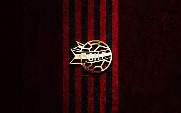 logotipo dourado da seleção nacional de futebol da albânia, 4k, fundo de pedra vermelha, uefa, seleções nacionais, logo da seleção nacional de futebol da albânia, futebol, time de futebol da albânia, seleção nacional de futebol da albânia