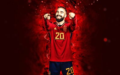 ダニ・カルバハル, 4k, 赤いネオン, サッカー スペイン代表, サッカー, サッカー選手, 赤の抽象的な背景, スペインのサッカー チーム, ダニ・カルバハル 4k
