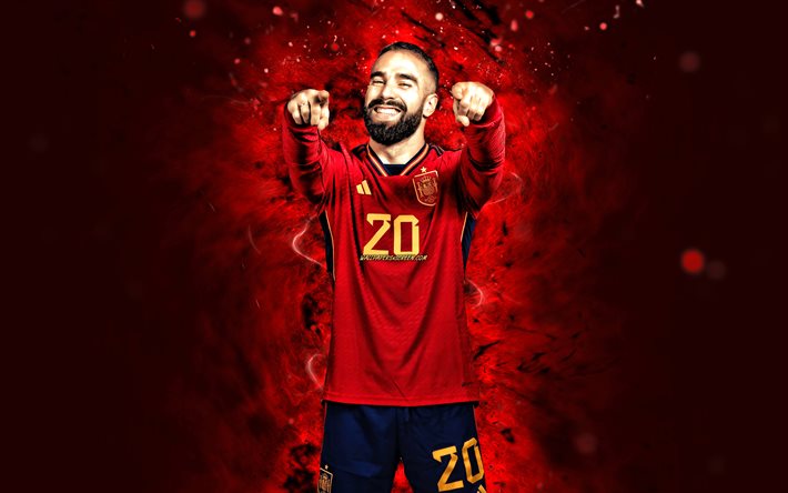 दानी कार्वाजल, 4k, लाल नीयन रोशनी, स्पेन की राष्ट्रीय फुटबॉल टीम, फ़ुटबॉल, फुटबॉल, लाल सार पृष्ठभूमि, स्पेनिश फुटबॉल टीम, दानी कार्वाजल 4k