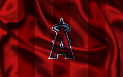 4k, logo des anges de los angeles, tissu de soie rouge, équipe américaine de base ball, emblème des los angeles angels, mlb, les anges de los angeles, etats unis, base ball, drapeau des anges de los angeles, ligue majeure de baseball