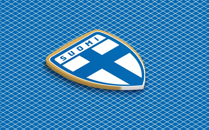 4k, logo isometrico della nazionale di calcio della finlandia, arte 3d, arte isometrica, nazionale di calcio della finlandia, sfondo blu, finlandia, calcio, emblema isometrico