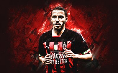 Ismael Bennacer, AC Milan, Algerian football player, midfielder, red stone background, Serie A, Italy, football