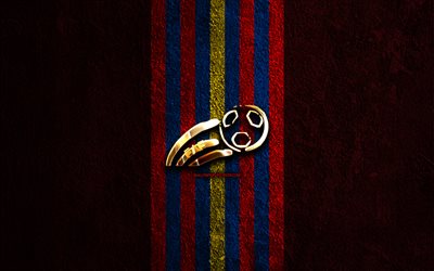andorran jalkapallomaajoukkueen kultainen logo, 4k, punainen kivi tausta, uefa, maajoukkueet, andorran jalkapallomaajoukkueen logo, jalkapallo, andorran jalkapallojoukkue, andorran jalkapallomaajoukkue