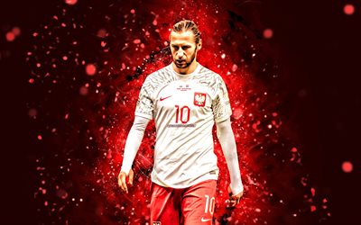 Grzegorz Krychowiak, 4k, 2022, red neon lights, Poland National Football Team, soccer, footballers, red abstract background, Polish football team, Grzegorz Krychowiak 4K