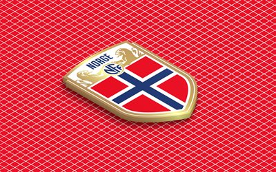 4k, logo isométrico de la selección nacional de fútbol de noruega, arte 3d, arte isometrico, selección de fútbol de noruega, fondo rojo, noruega, fútbol, emblema isométrico