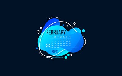 calendrier février 2023, fond bleu, élément créatif bleu, concepts 2023, calendriers 2023, février, art 3d