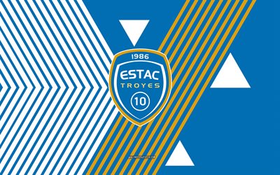 شعار es troyes ac, 4k, فريق كرة القدم الفرنسي, خطوط بيضاء زرقاء الخلفية, es troyes ac, الدوري الفرنسي 1, فرنسا, فن الخط, كرة القدم, تروي إف سي